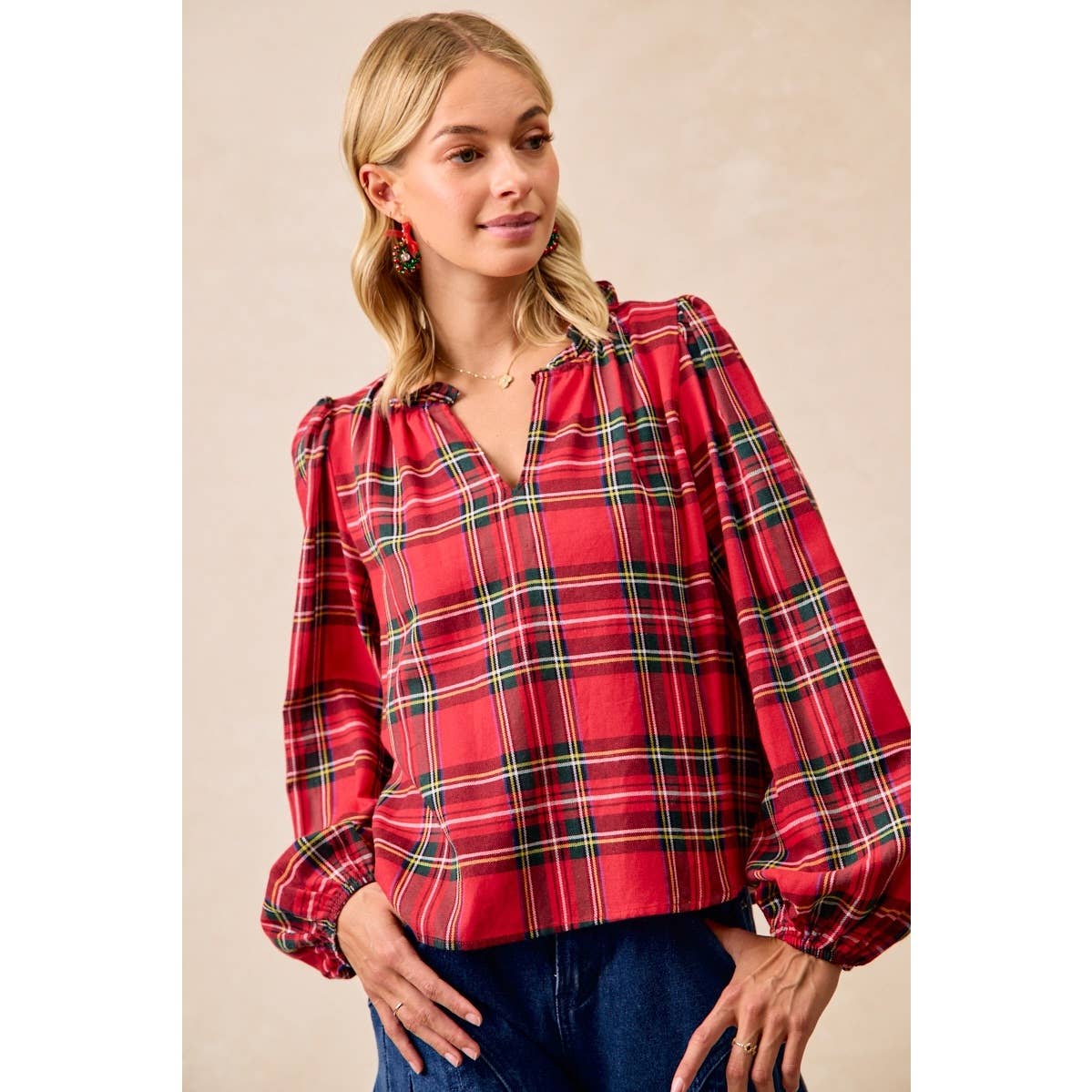 CHRISTMAS PLAID BALLOON SLEEVES RUFFLED V-NECK TOP: RED PLAID / S