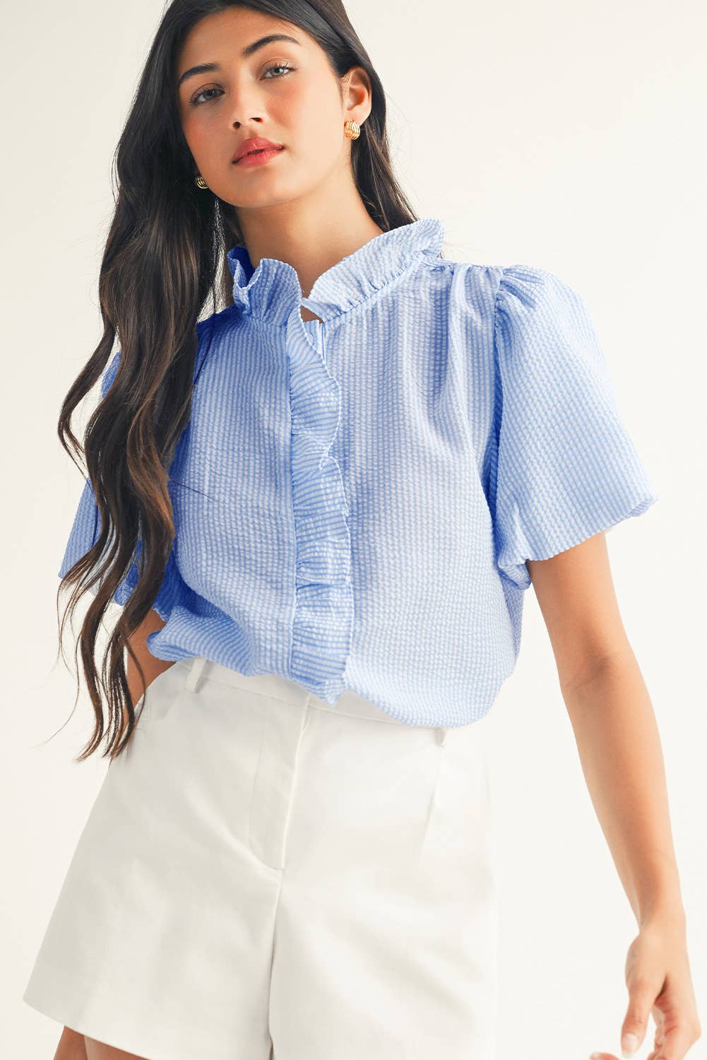 LDC Striped Ruffle Short Bubble Sleeve Top: Black / XL
