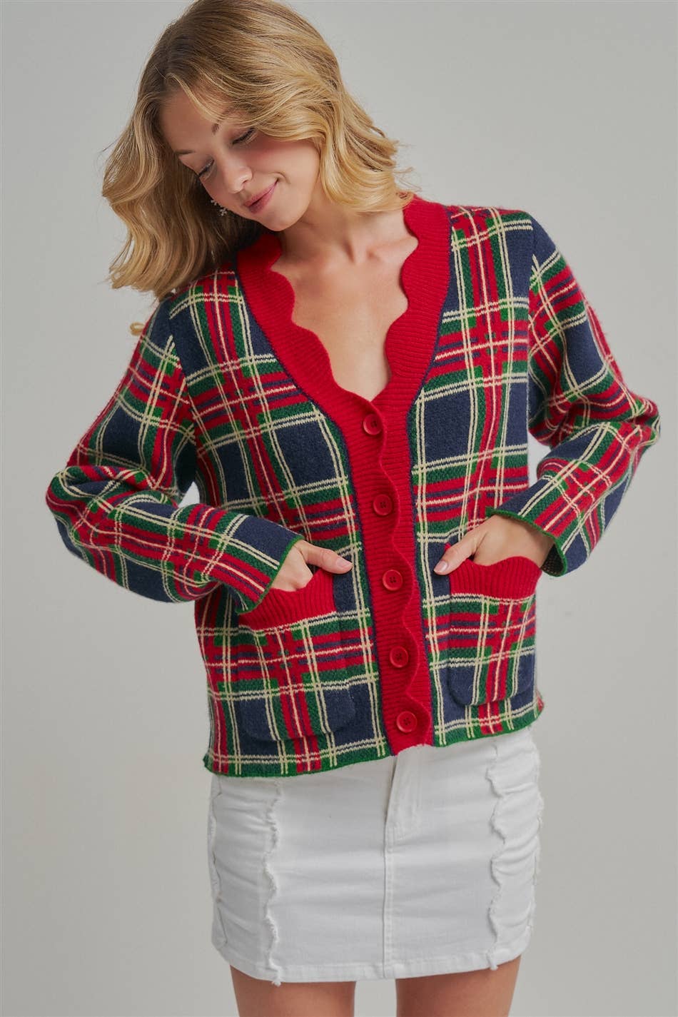 CHRISTMAS PLAID CHECK SWEATER CARDIGAN _JLT00401-02: NAVY CHECK / S-M-L(2-2-2)