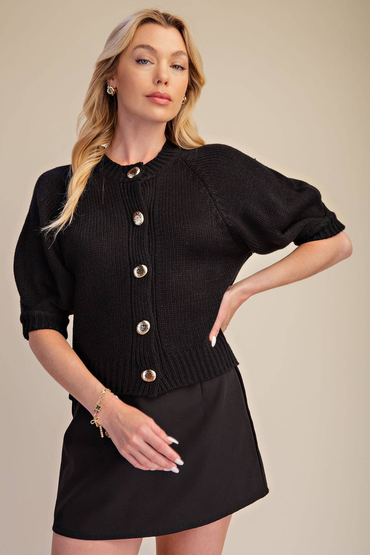 Puff Sleeve Sweater Cardigan: Black / S