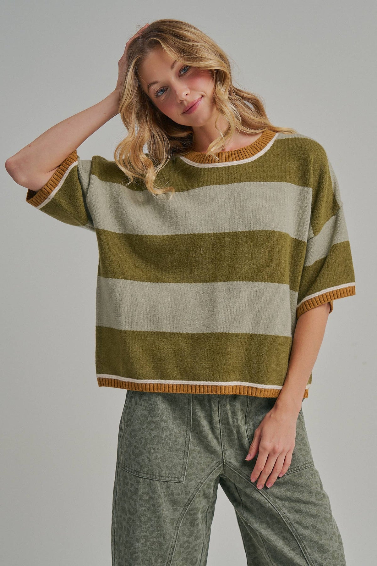 WIDE STRIPE LOOSE FIT DROP SHOULDER SWEATER TOP_JLT00303-01: SAGE/OLIVE / S-M-L(2-2-2)