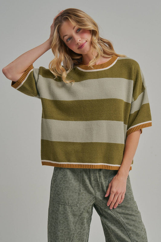 WIDE STRIPE LOOSE FIT DROP SHOULDER SWEATER TOP_JLT00303-01: SAGE/OLIVE / S-M-L(2-2-2)