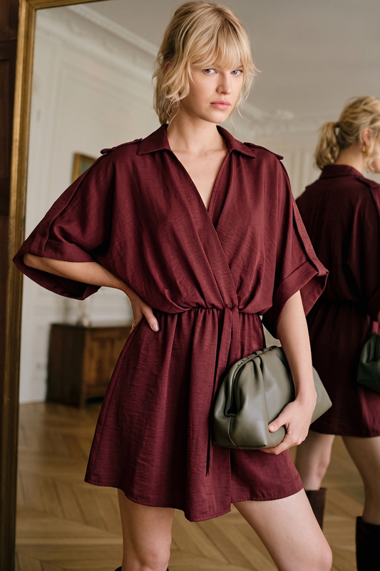 Lapel Collar With V-neckline Wrap Dress: Burgundy / L