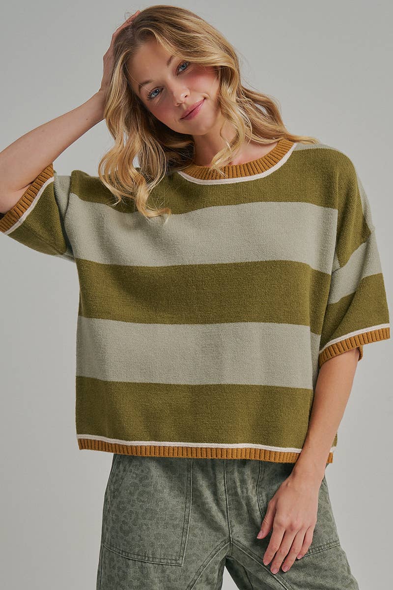 WIDE STRIPE LOOSE FIT DROP SHOULDER SWEATER TOP_JLT00303-01: SAGE/OLIVE / S-M-L(2-2-2)