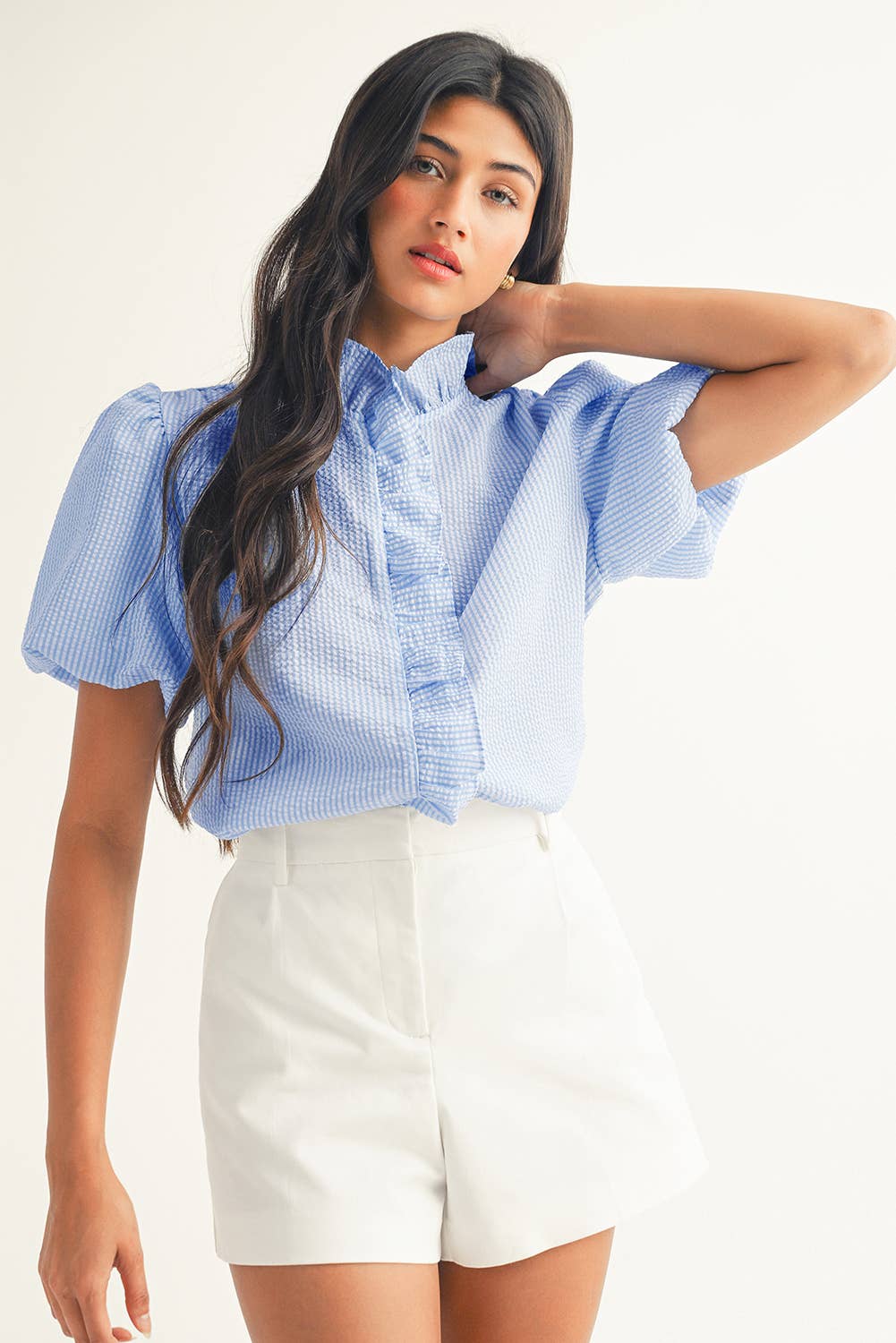 LDC Striped Ruffle Short Bubble Sleeve Top: Black / L
