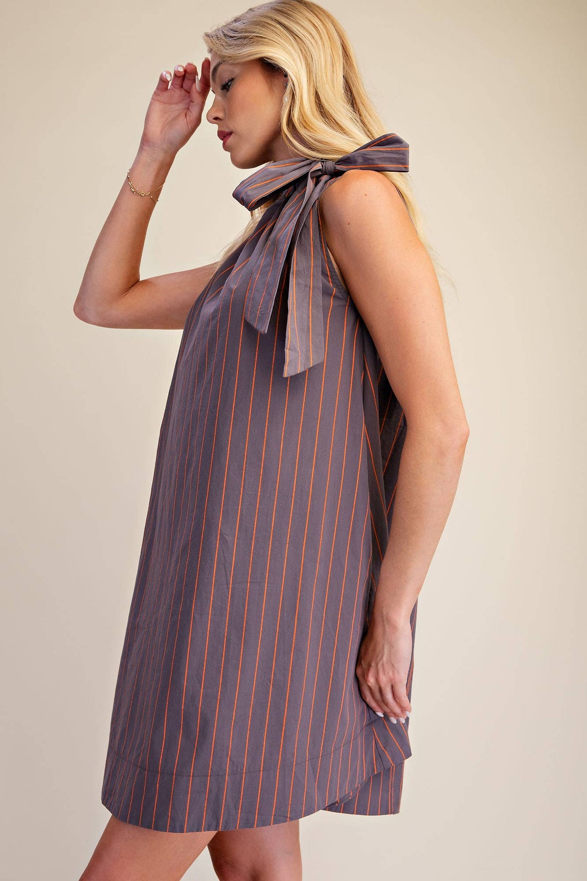 Stripe Mini Dress Ruffle Neck Adjustable Tie Sleeveless: Camel/Slate / L