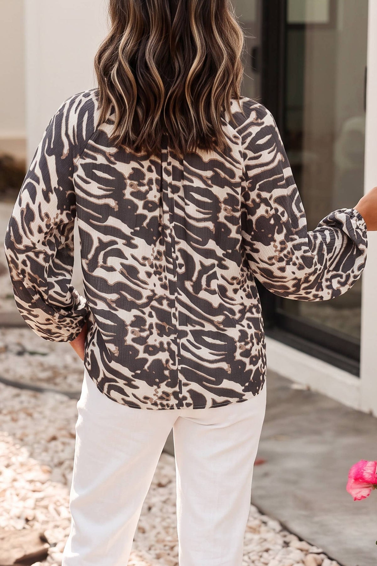 LDC Leopard Shift V Neck Daily Long Sleeve Shirts: Parchment / XL