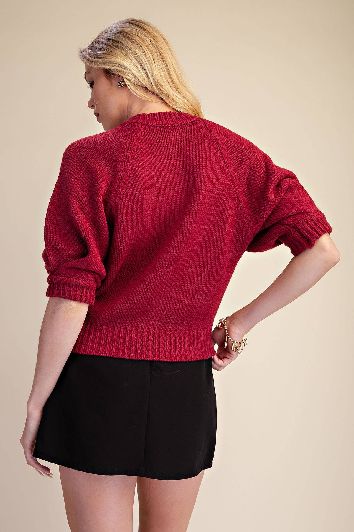 Puff Sleeve Sweater Cardigan: Black / M