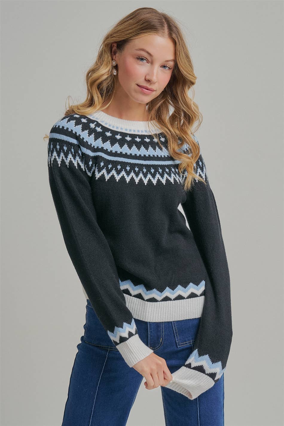 NORDIC FAIR ISLE CREWNECK SWEATER TOP_JLT00287-01: BLACK/BLUE / S-M-L(2-2-2)