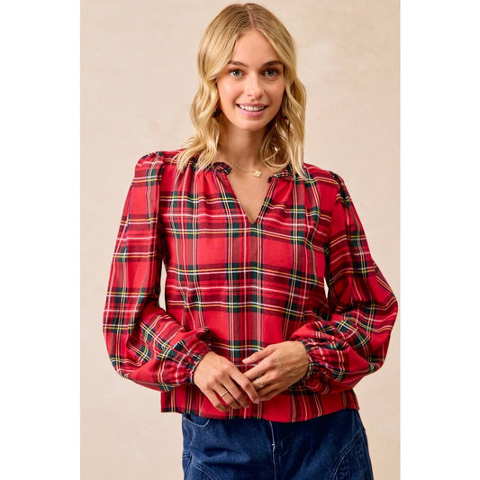 CHRISTMAS PLAID BALLOON SLEEVES RUFFLED V-NECK TOP: RED PLAID / XL