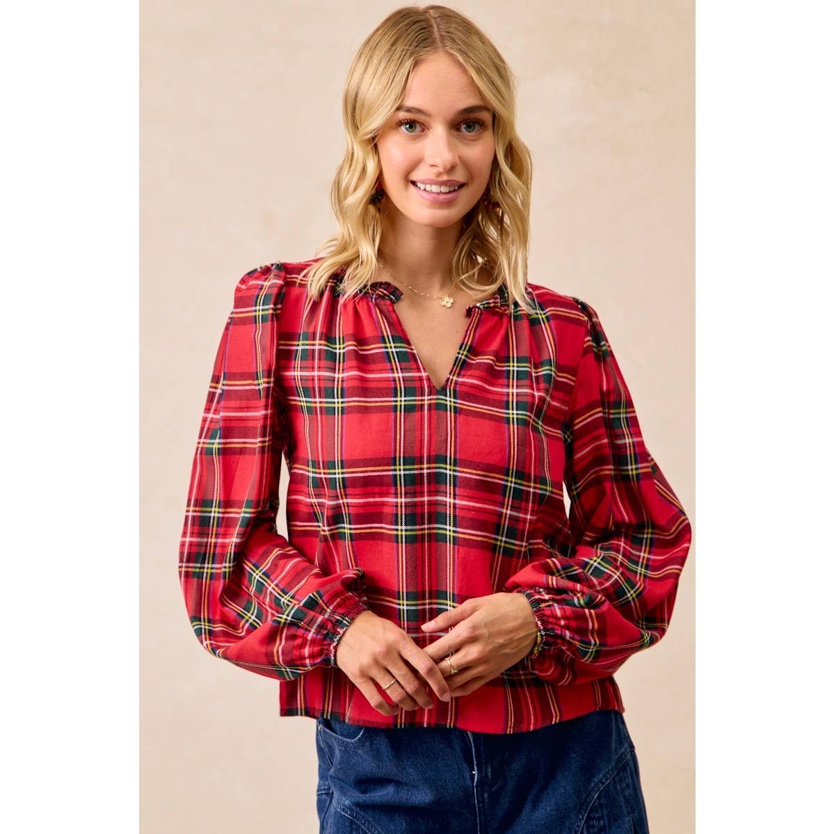 CHRISTMAS PLAID BALLOON SLEEVES RUFFLED V-NECK TOP: RED PLAID / M