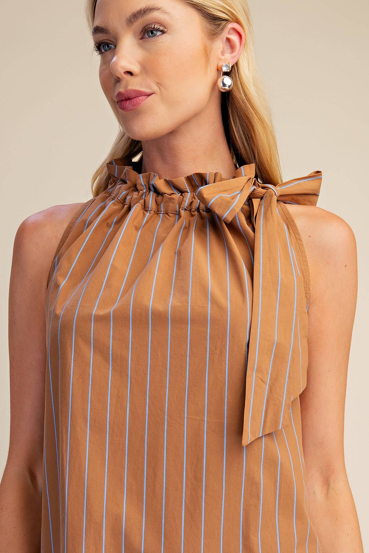 Stripe Mini Dress Ruffle Neck Adjustable Tie Sleeveless: Camel/Slate / L