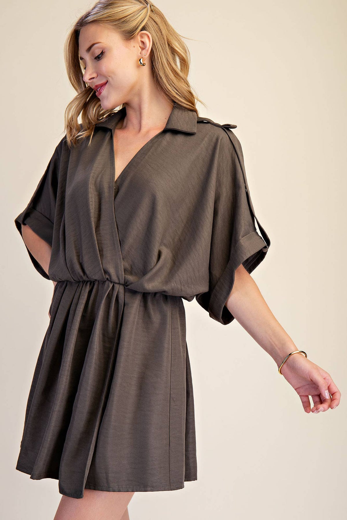 Lapel Collar With V-neckline Wrap Dress: Burgundy / S