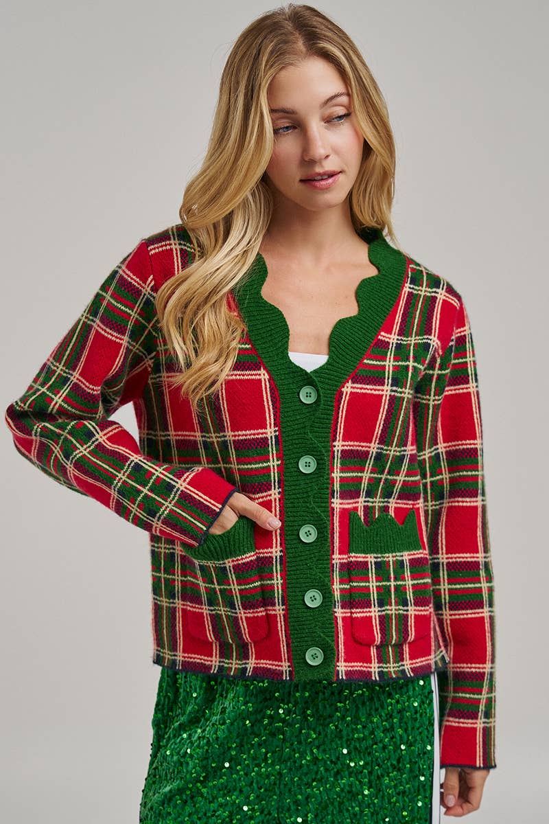 CHRISTMAS PLAID CHECK SWEATER CARDIGAN _JLT00401-02: NAVY CHECK / S-M-L(2-2-2)