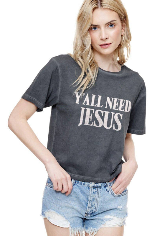 "Y'All Need Jesus" Graphic Faux Crop: BLACK