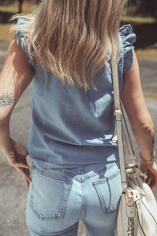 Ruffle Trim V Neck Chambray Top: Beau Blue