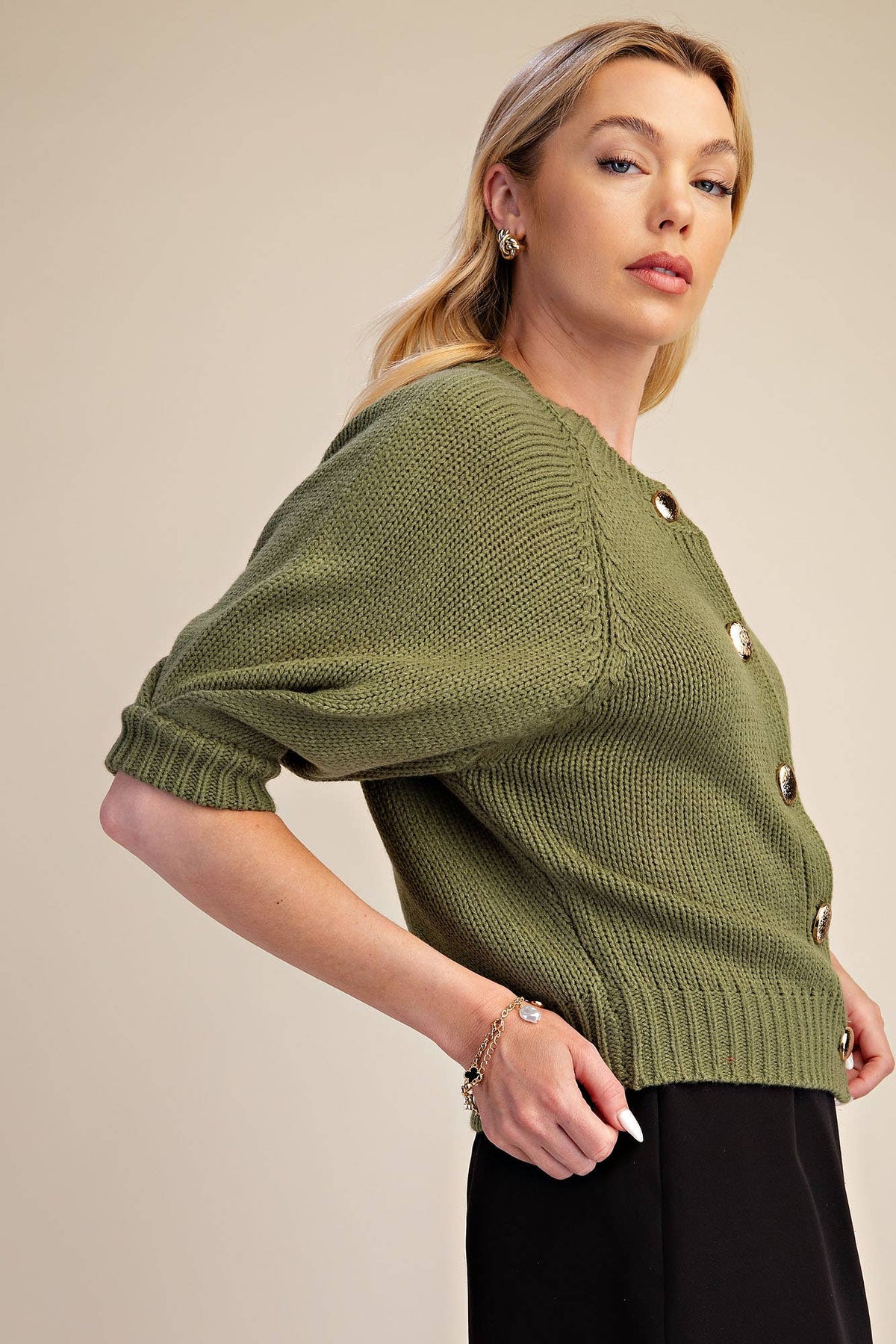 Puff Sleeve Sweater Cardigan: Black / M