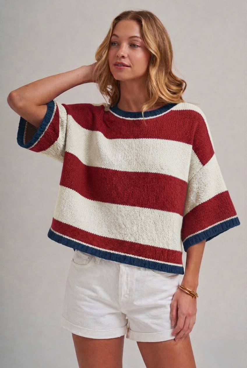 WIDE STRIPE LOOSE FIT DROP SHOULDER SWEATER TOP_JLT00303-01: SAGE/OLIVE / S-M-L(2-2-2)