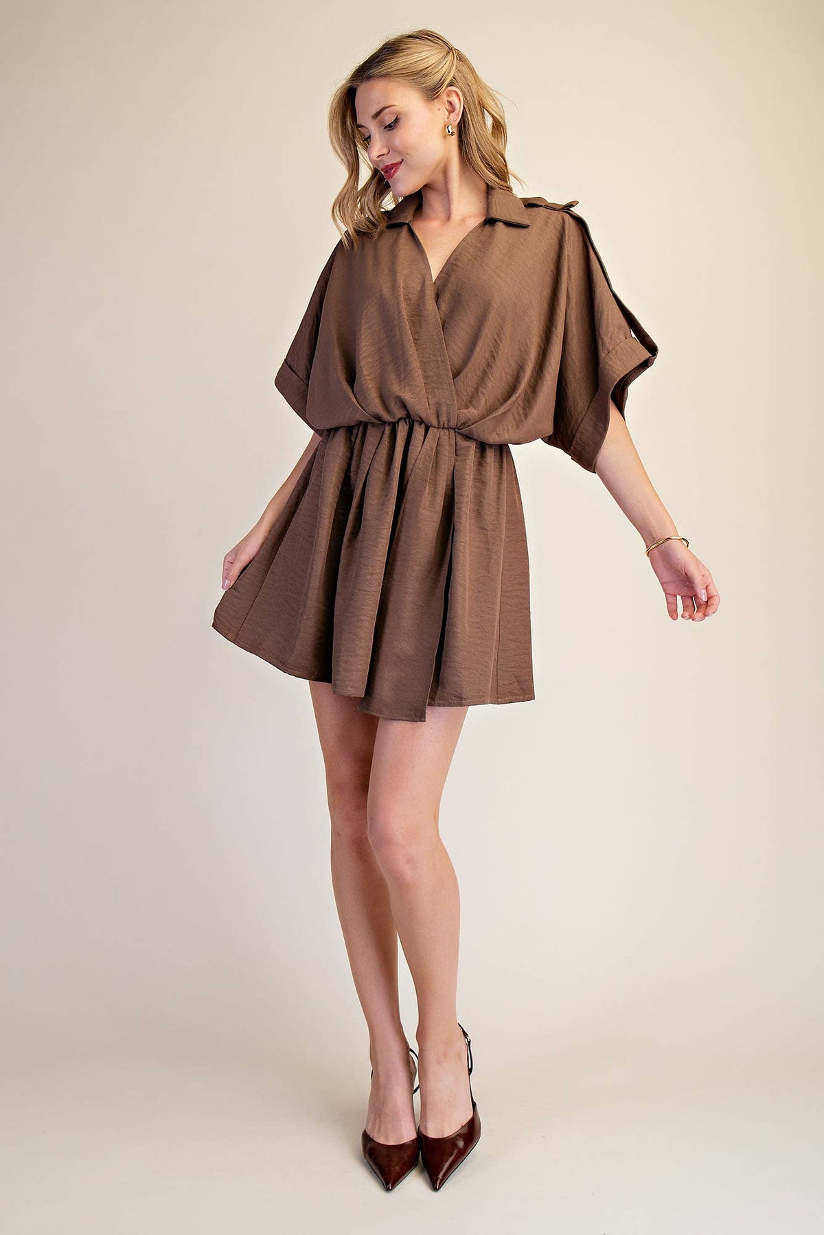 Lapel Collar With V-neckline Wrap Dress: Burgundy / M