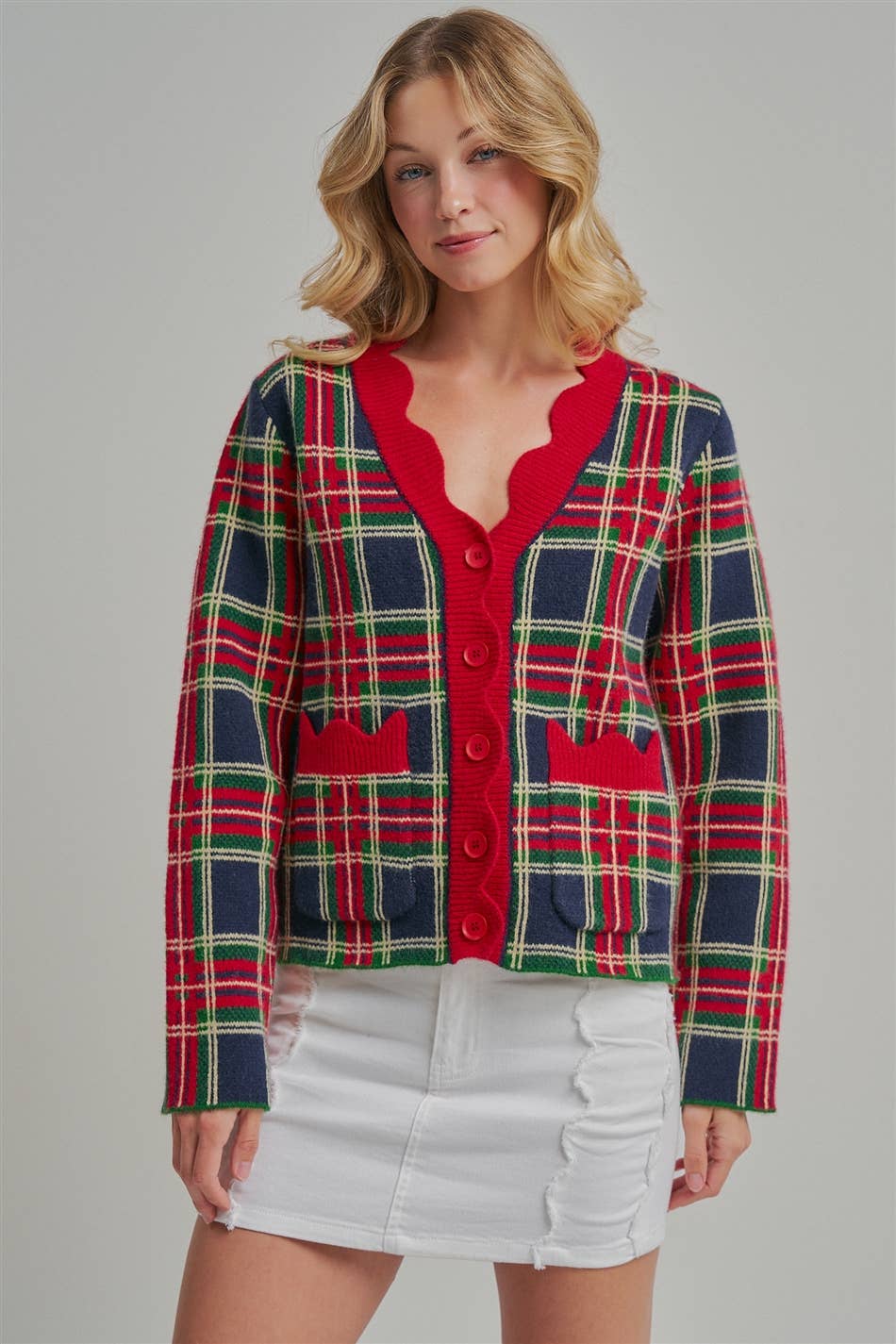 CHRISTMAS PLAID CHECK SWEATER CARDIGAN _JLT00401-02: NAVY CHECK / S-M-L(2-2-2)