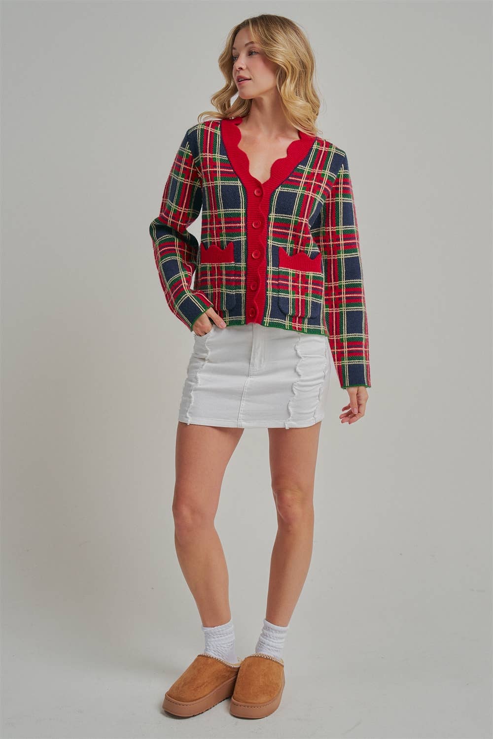 CHRISTMAS PLAID CHECK SWEATER CARDIGAN _JLT00401-02: NAVY CHECK / S-M-L(2-2-2)