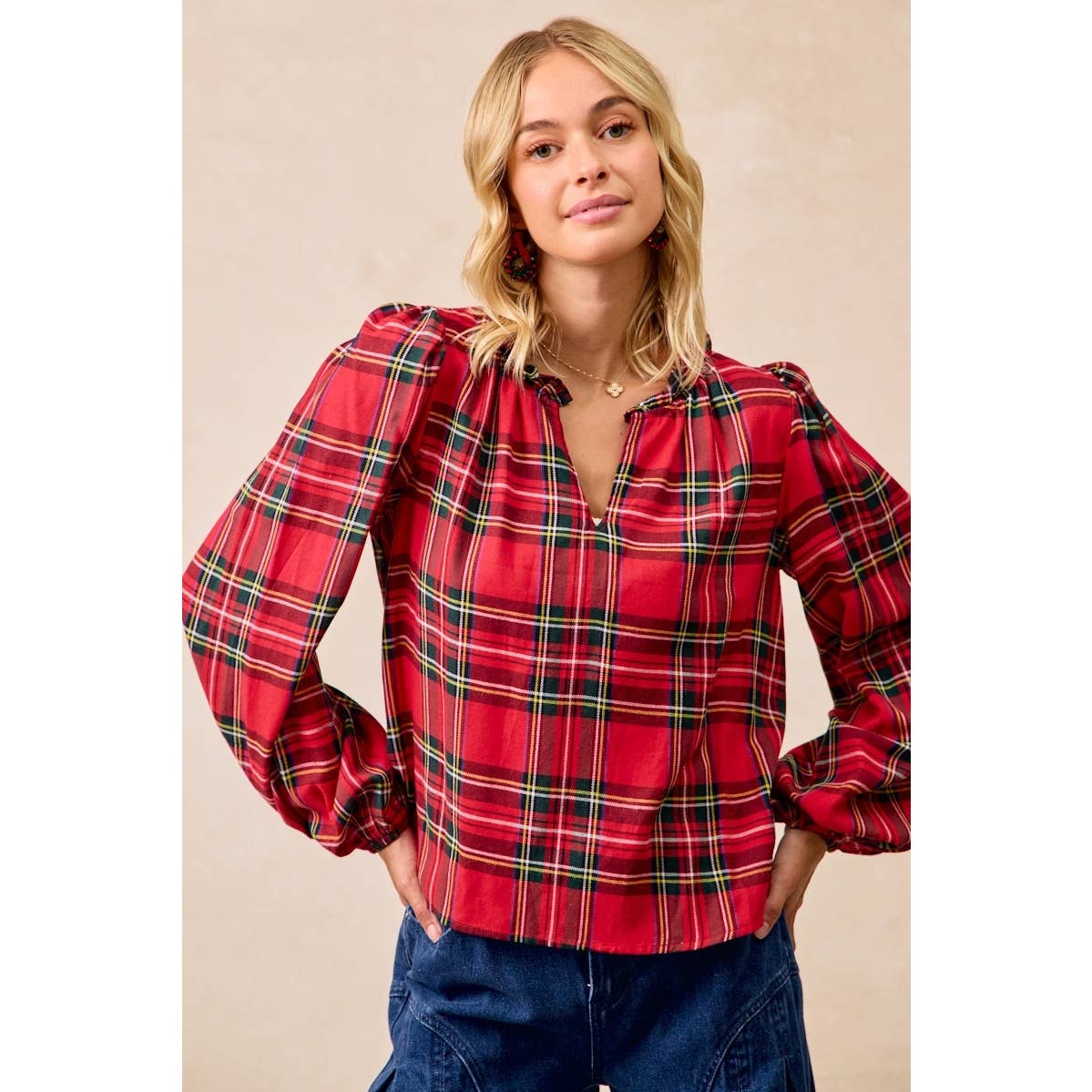 CHRISTMAS PLAID BALLOON SLEEVES RUFFLED V-NECK TOP: RED PLAID / XL
