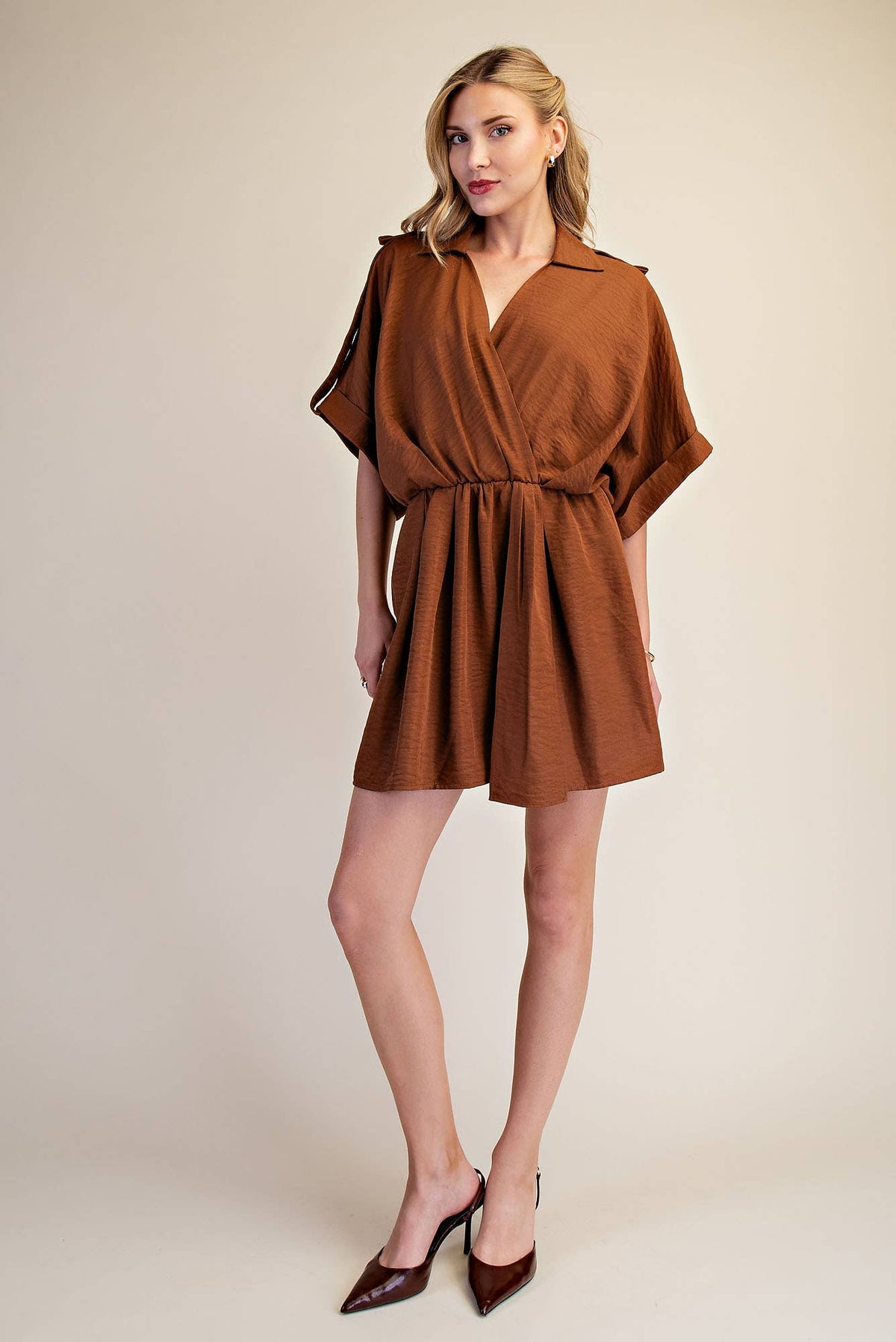 Lapel Collar With V-neckline Wrap Dress: Burgundy / L