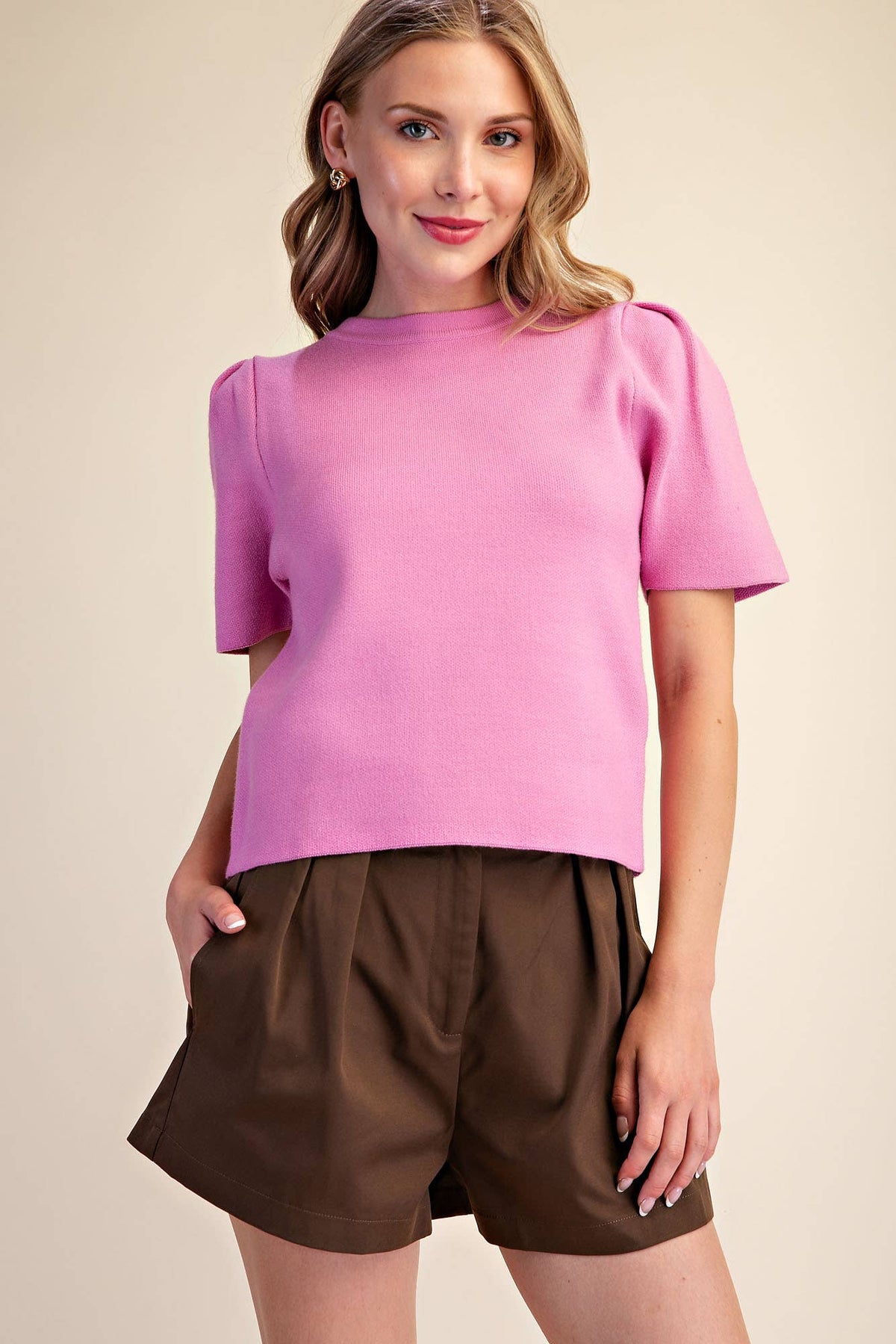 Puff Sleeve Pullover Knit Top: Teal / M