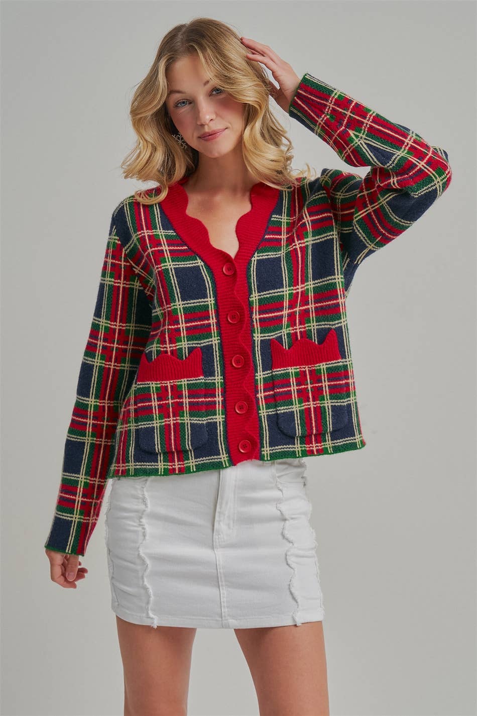CHRISTMAS PLAID CHECK SWEATER CARDIGAN _JLT00401-02: NAVY CHECK / S-M-L(2-2-2)