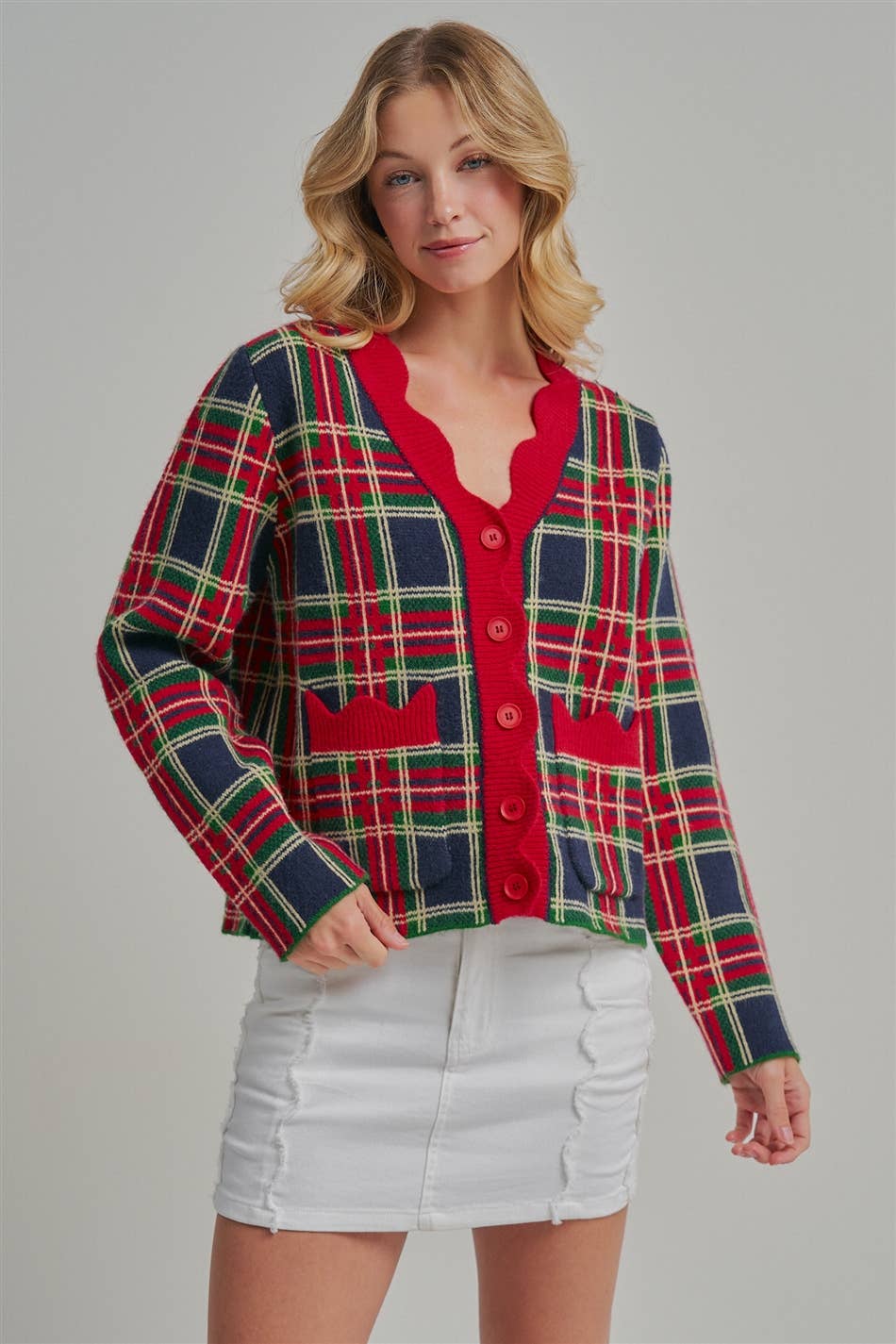 CHRISTMAS PLAID CHECK SWEATER CARDIGAN _JLT00401-02: NAVY CHECK / S-M-L(2-2-2)