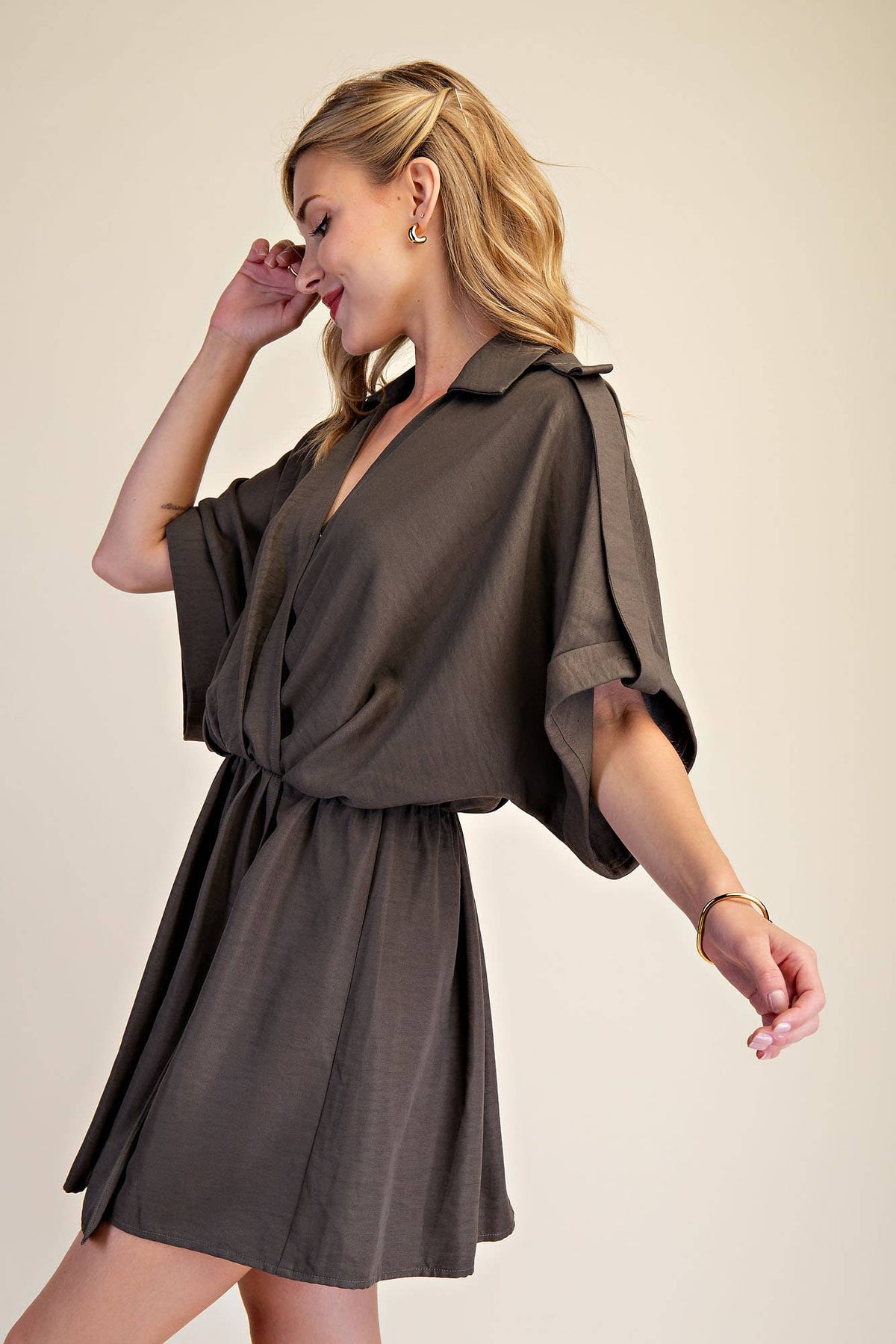 Lapel Collar With V-neckline Wrap Dress: Burgundy / S