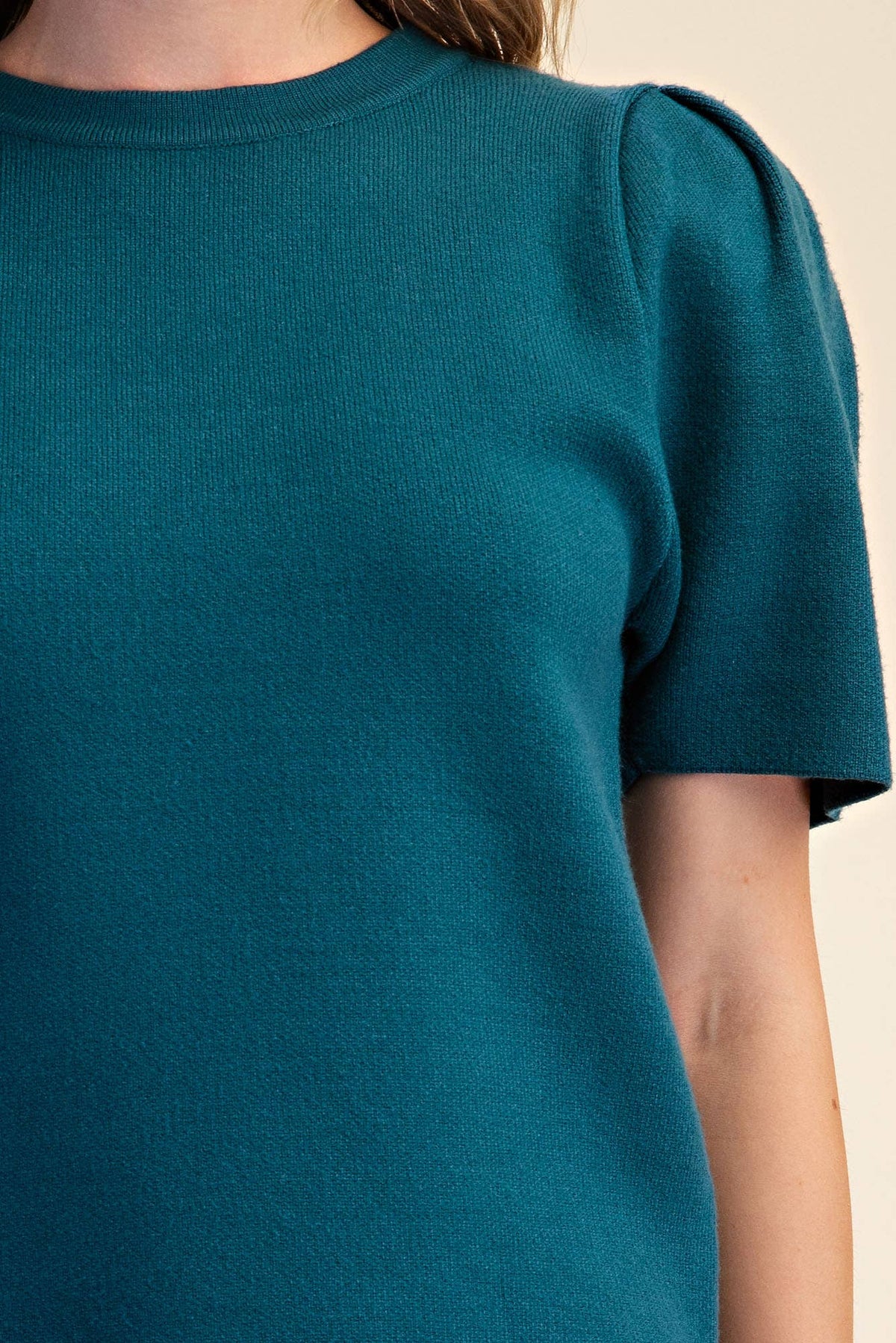Puff Sleeve Pullover Knit Top: Teal / M