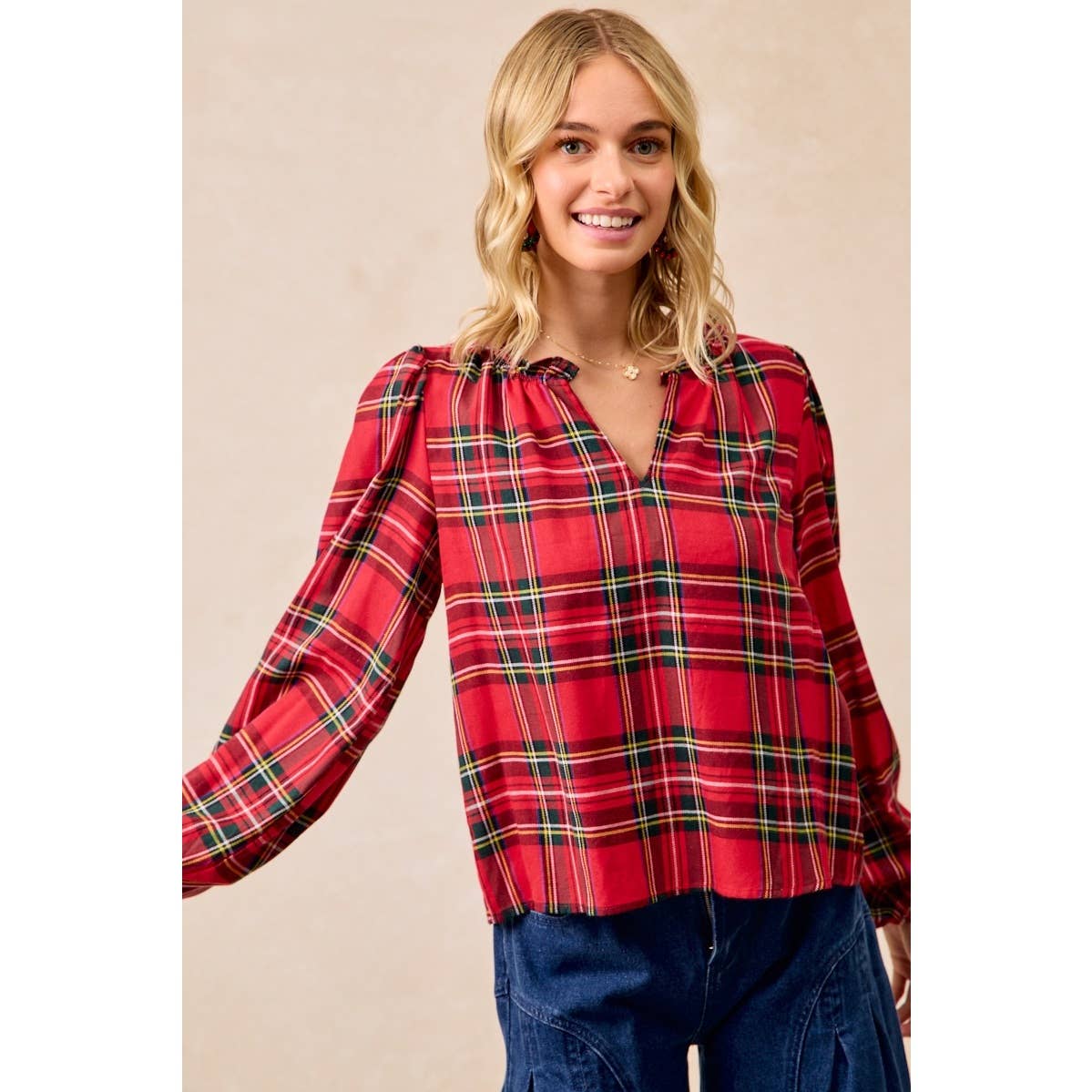 CHRISTMAS PLAID BALLOON SLEEVES RUFFLED V-NECK TOP: RED PLAID / XL