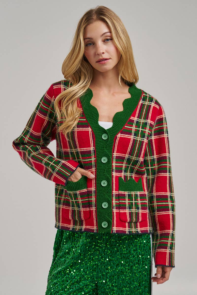 CHRISTMAS PLAID CHECK SWEATER CARDIGAN _JLT00401-02: NAVY CHECK / S-M-L(2-2-2)