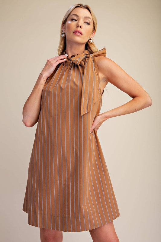 Stripe Mini Dress Ruffle Neck Adjustable Tie Sleeveless: Camel/Slate / L