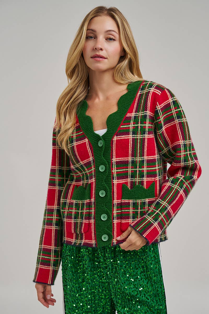 CHRISTMAS PLAID CHECK SWEATER CARDIGAN _JLT00401-02: NAVY CHECK / S-M-L(2-2-2)