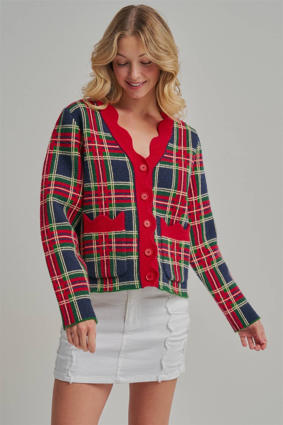 CHRISTMAS PLAID CHECK SWEATER CARDIGAN _JLT00401-02: NAVY CHECK / S-M-L(2-2-2)