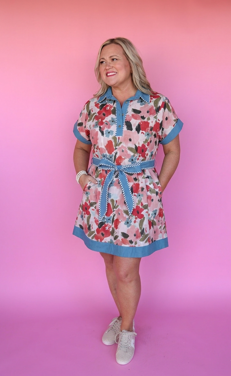 Pink Garden Cotton Collared Dress with Belt