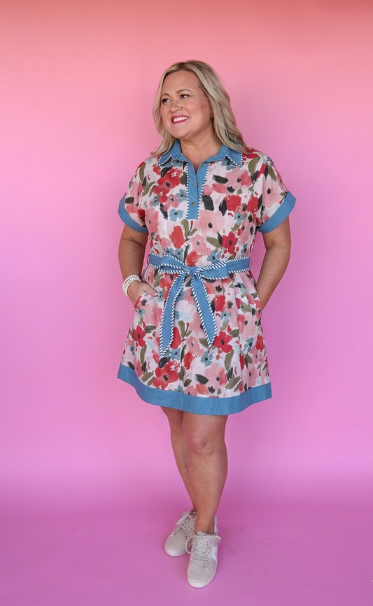 Pink Garden Cotton Collared Dress with Belt
