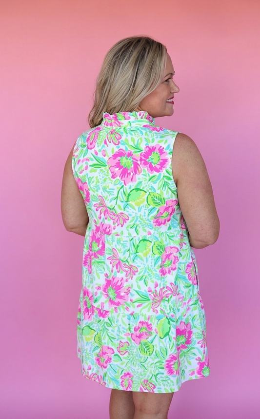 Tiered Lime Dress with Ruffle Mock Collar