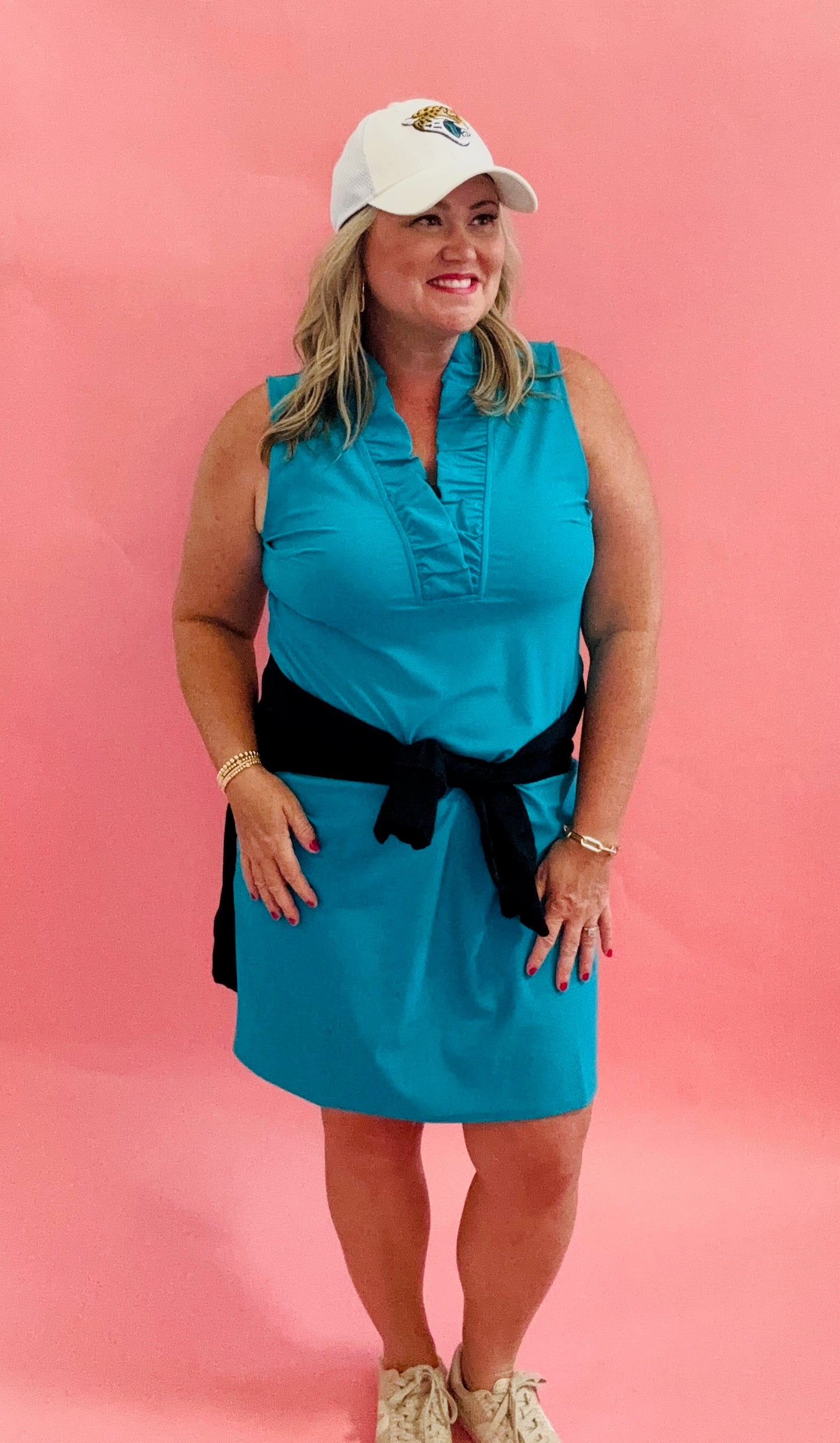 Teal Ruffle V-neck Sleeveless Dress