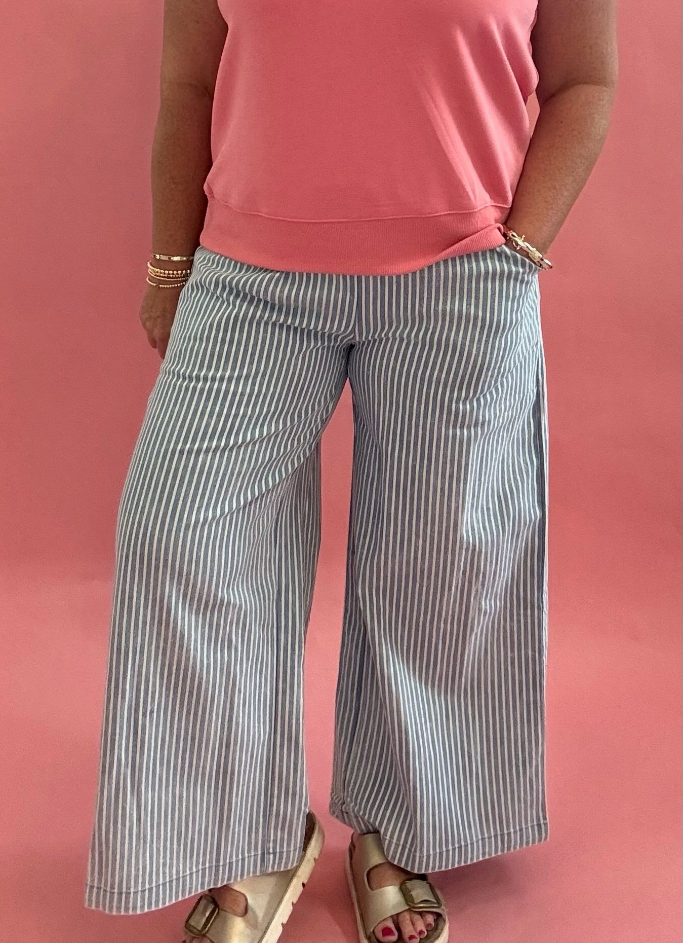 Wide-leg Striped Denim Ankle Pants