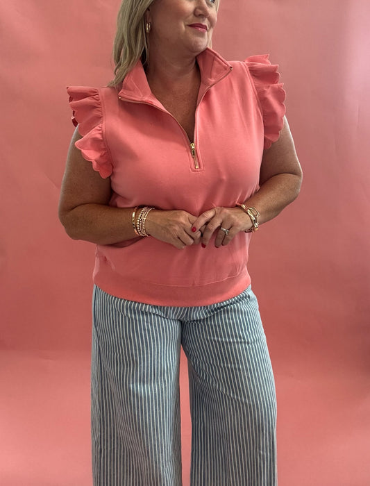 Charleston Coral Flutter Sleeve Collared Top
