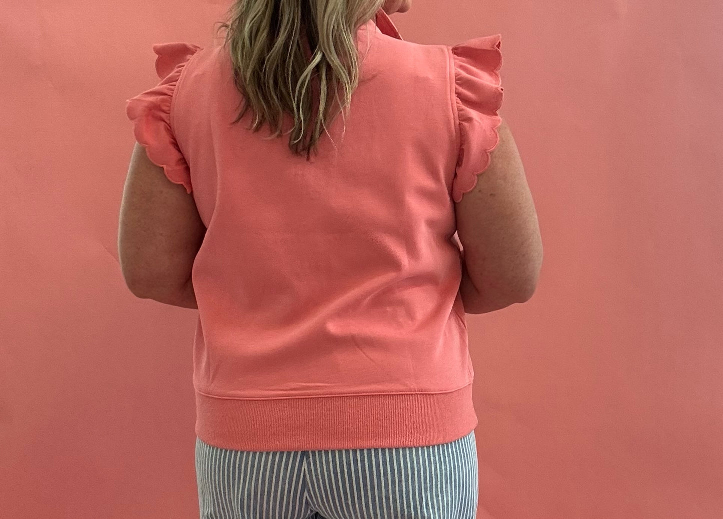 Charleston Coral Flutter Sleeve Collared Top