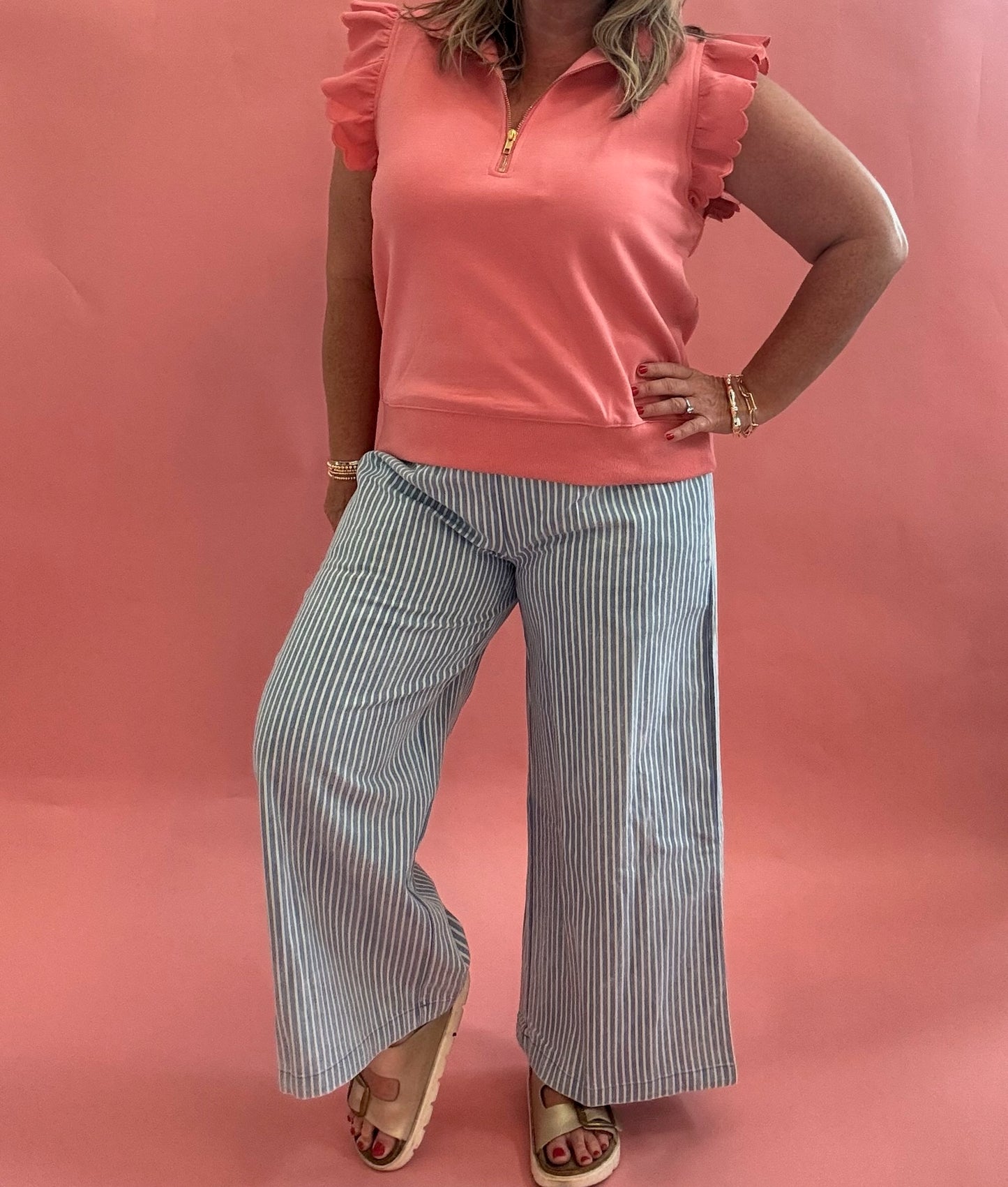 Wide-leg Striped Denim Ankle Pants