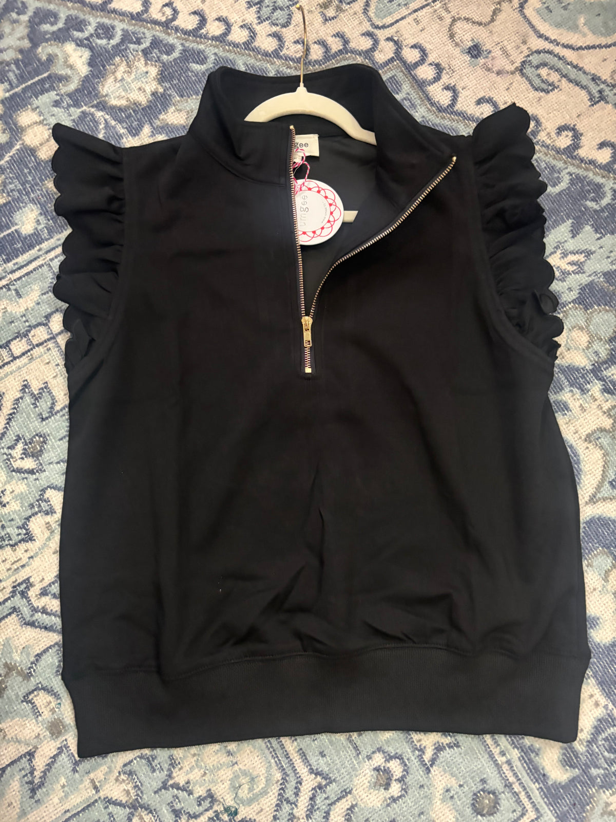 Black Ruffle Sleeve Quarter Zip Top