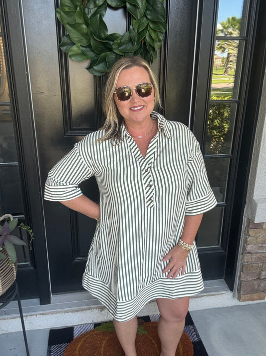 Pine & Cream Striped Collared V-neck Dress