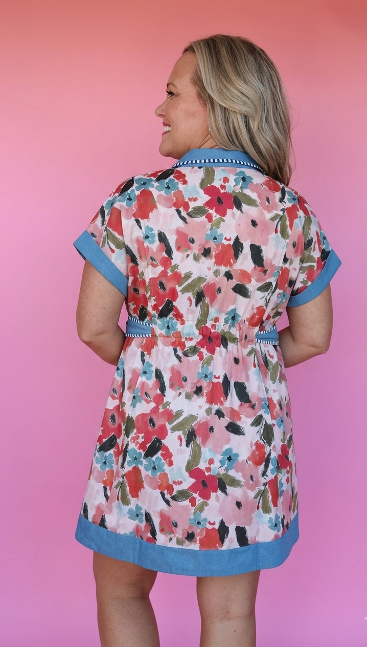 Pink Garden Cotton Collared Dress with Belt