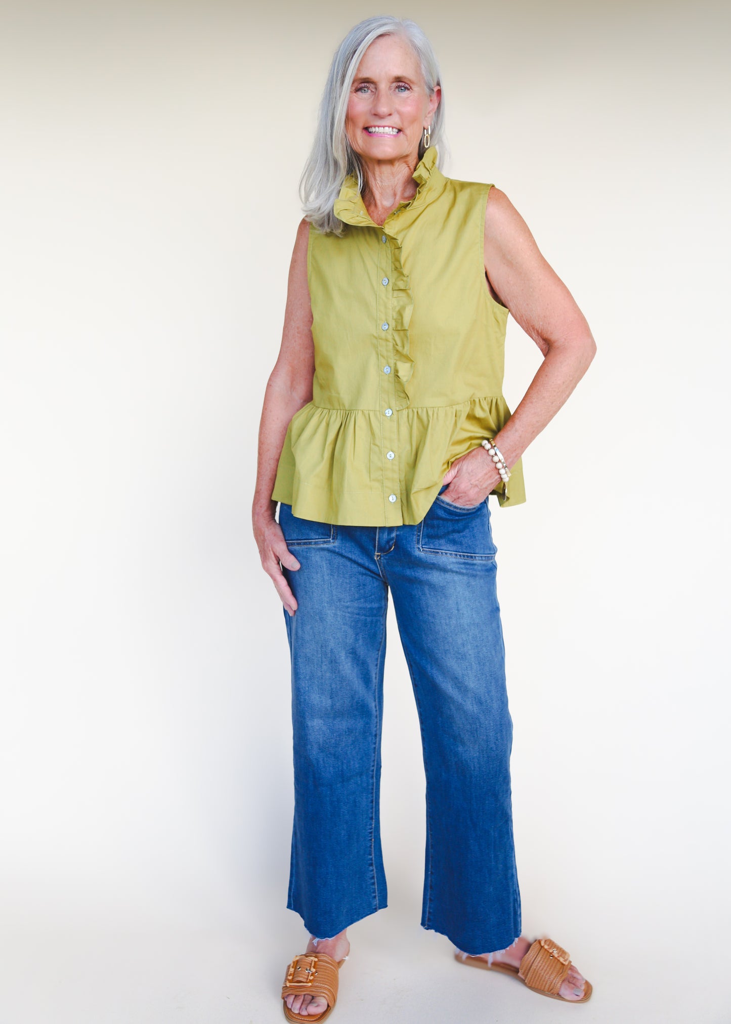 Page Sleeveless Olive Ruffled Top