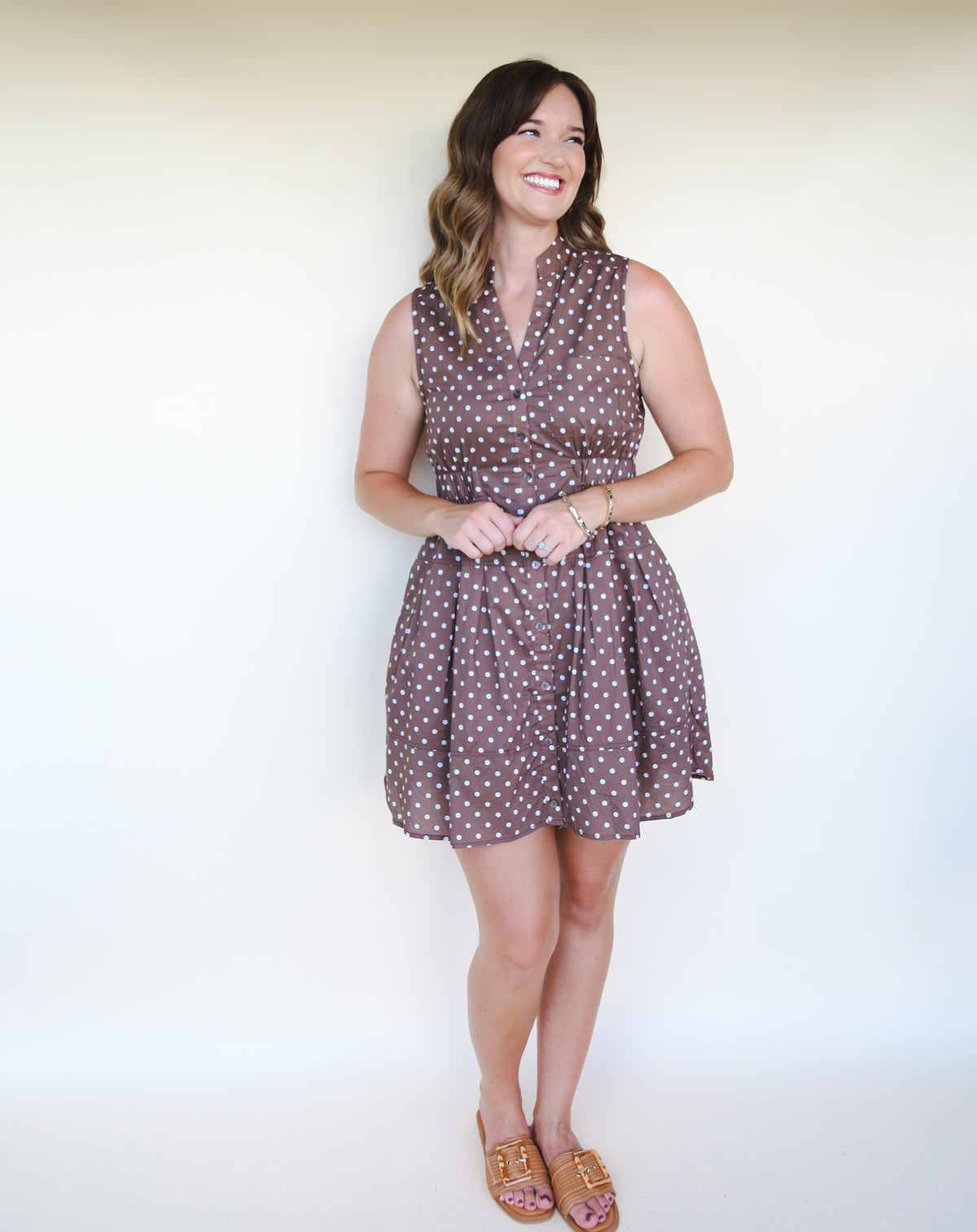 Kayla Sleeveless Cocoa Dress with Polka Dots
